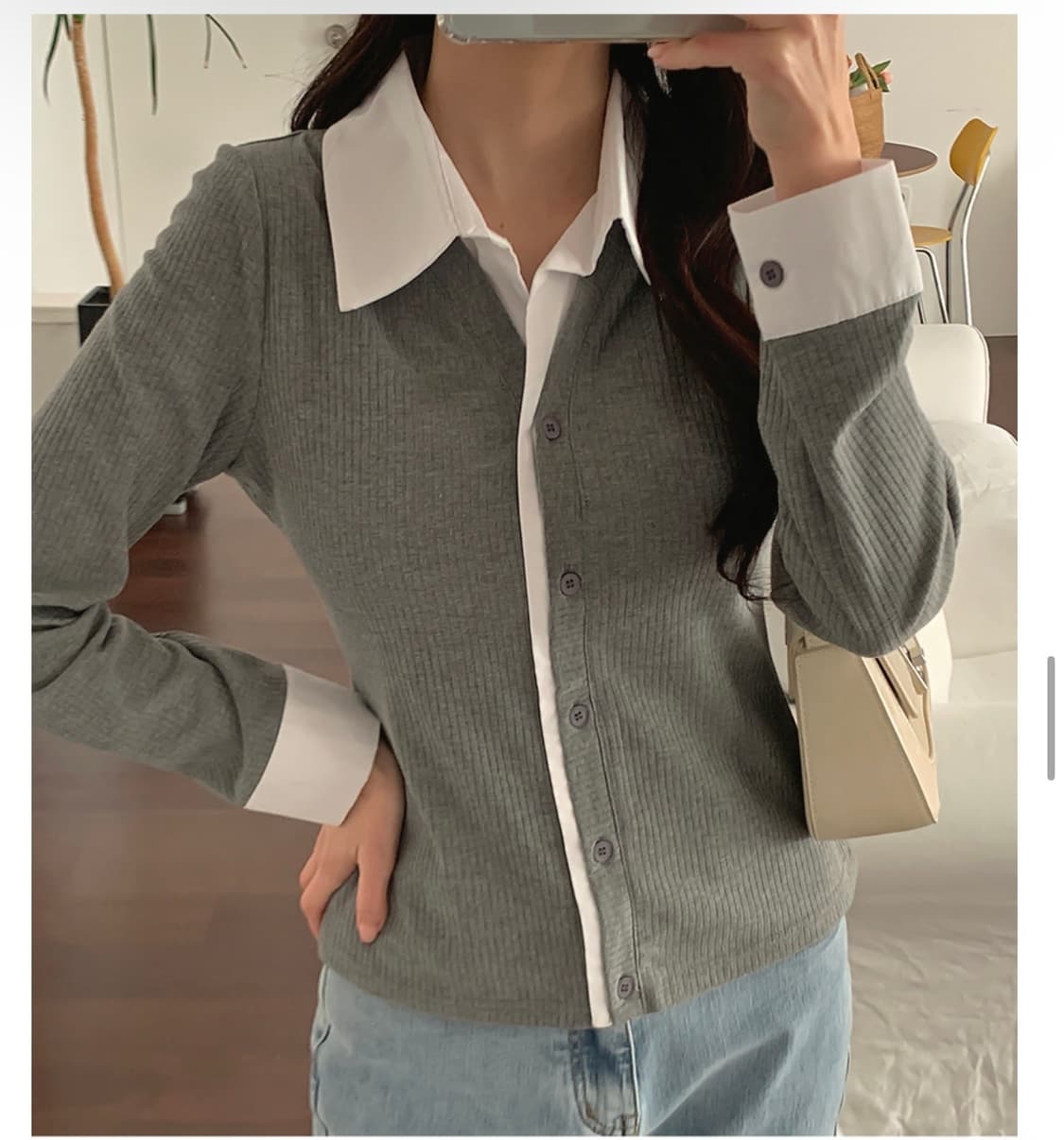 리리앤코 골지 레이어드 카라 셔츠 가디건 상품이미지1