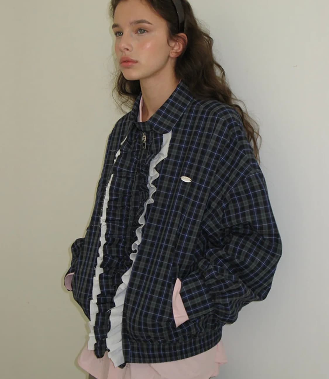 론론 자켓 VINTAGE RUFFLE BLOUSON GREEN CHECK 상품이미지1