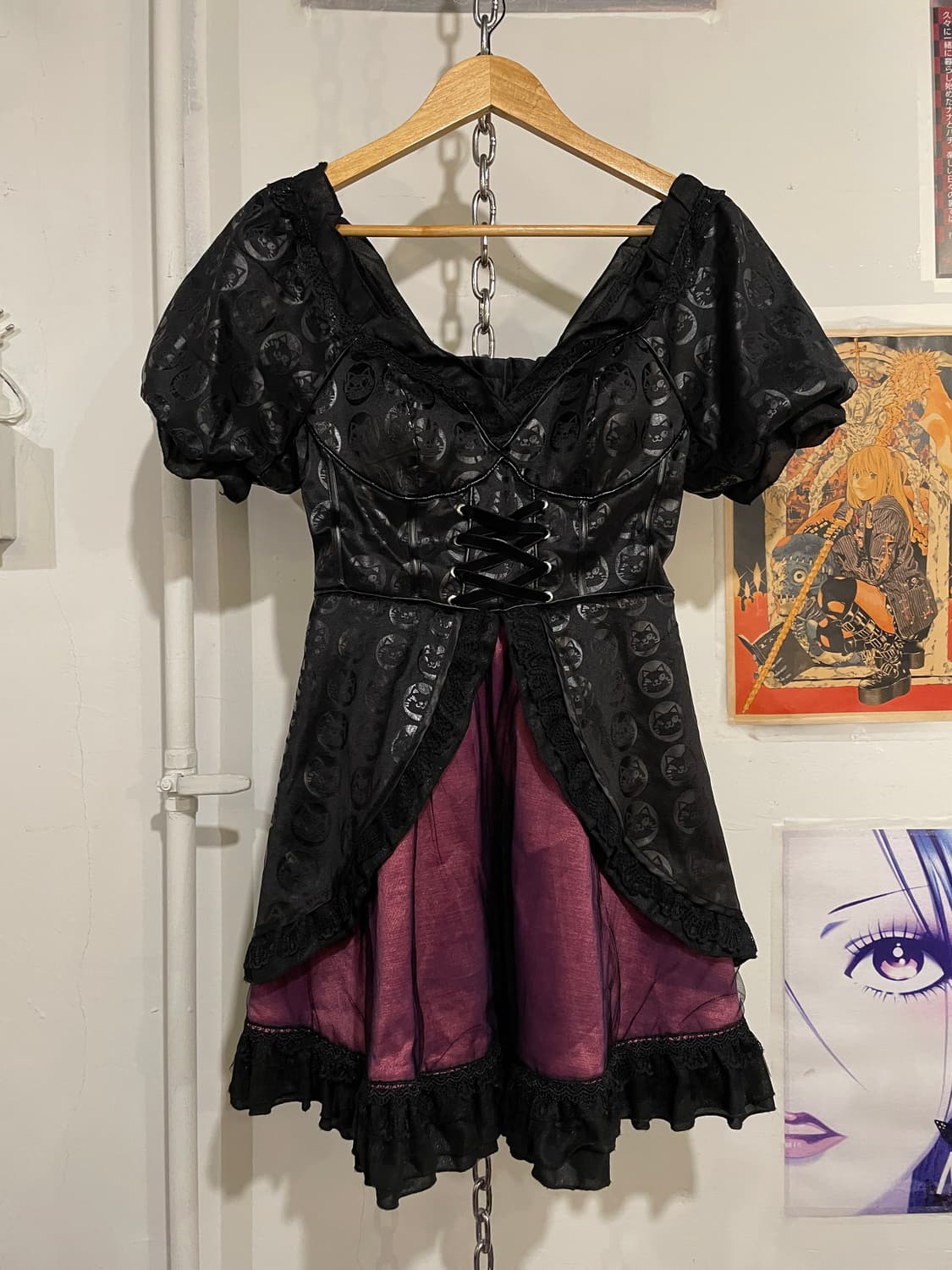 고양이 패턴 아일렛 리본 레이스 레이어드 블랙 원피스 고스 로리 펑크 상품이미지6