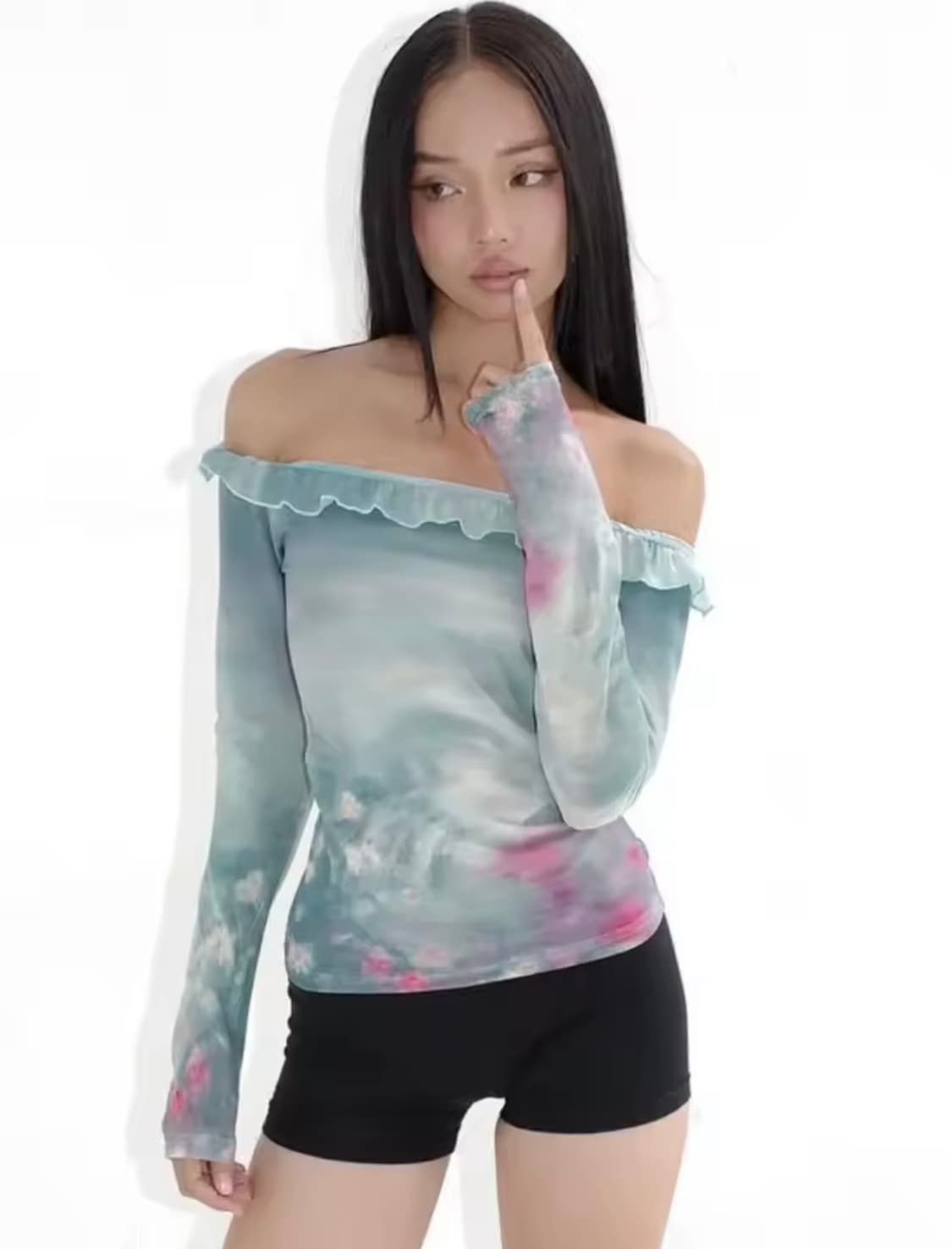 y2k 갸루 시스루 타이다이 프릴 오프숄더 메쉬 블라우스 긴팔 티셔츠 상품이미지1