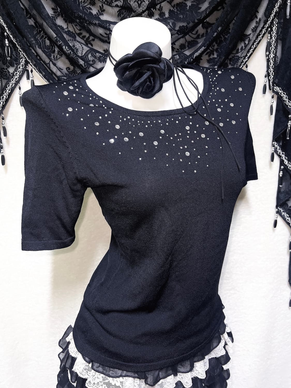 로맨틱고딕 오네갸루 블랙 큐빅 반팔 로걀탑 핀터 다크페어리 공겜 오리엔탈 상품이미지2