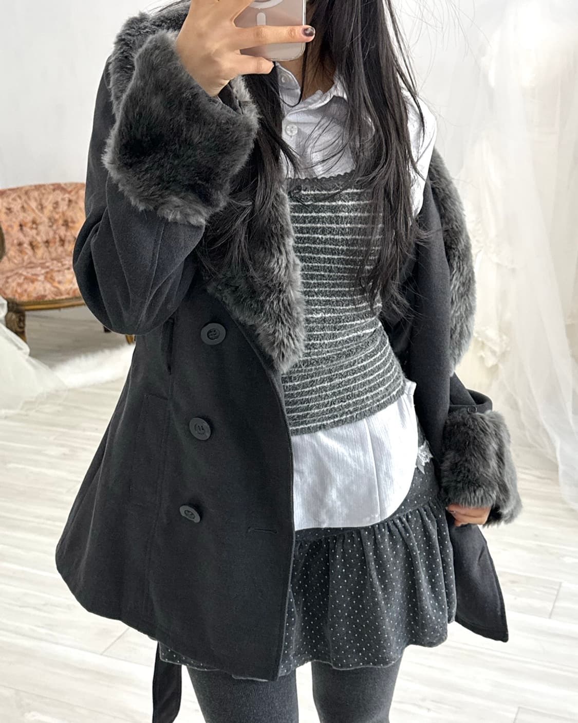 Charcoal Fur-Trim Double-Button Coat 상품이미지5