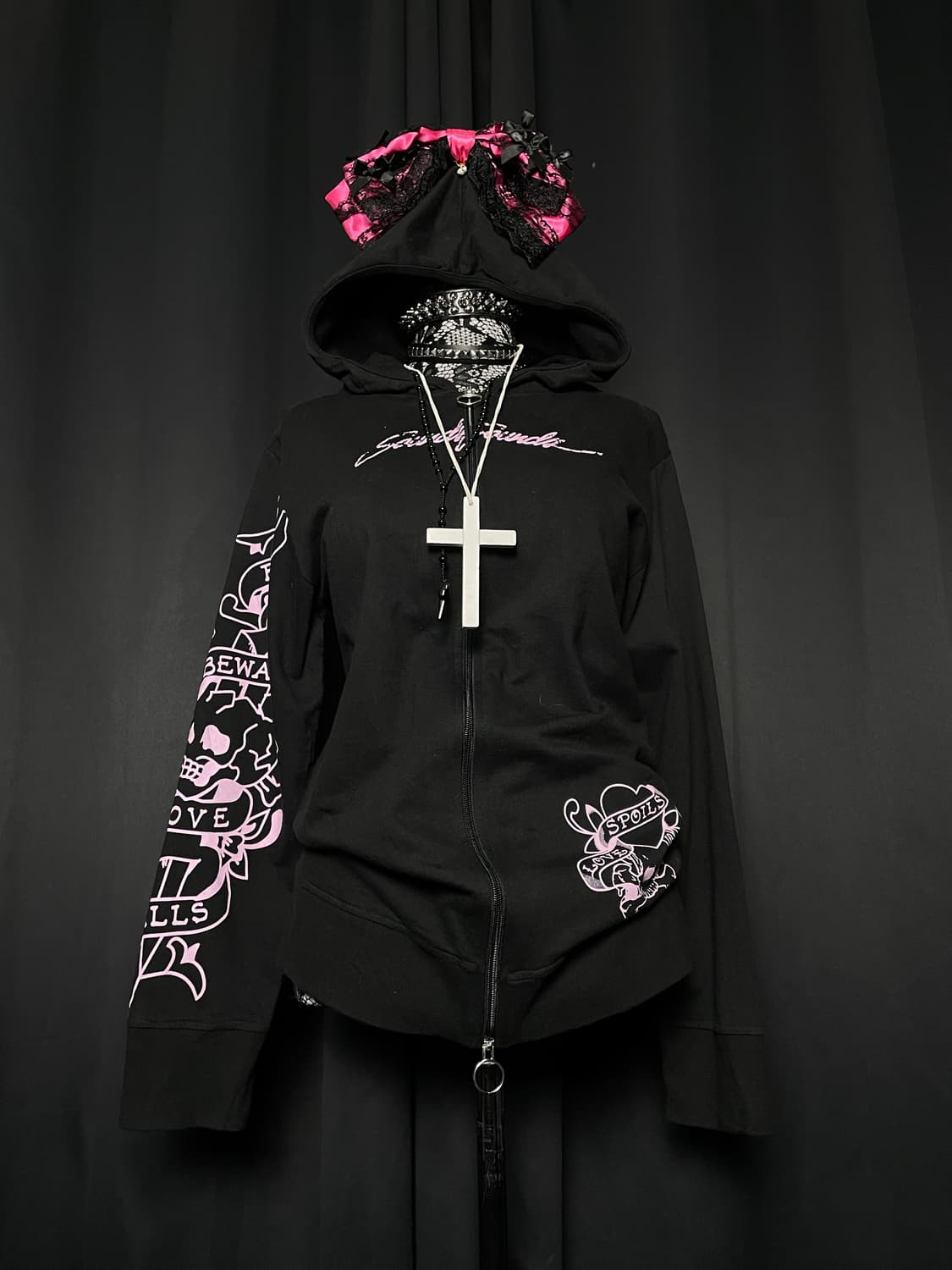 JPN 펑크 블랙 핑크 레터링 후드집업 상품이미지7