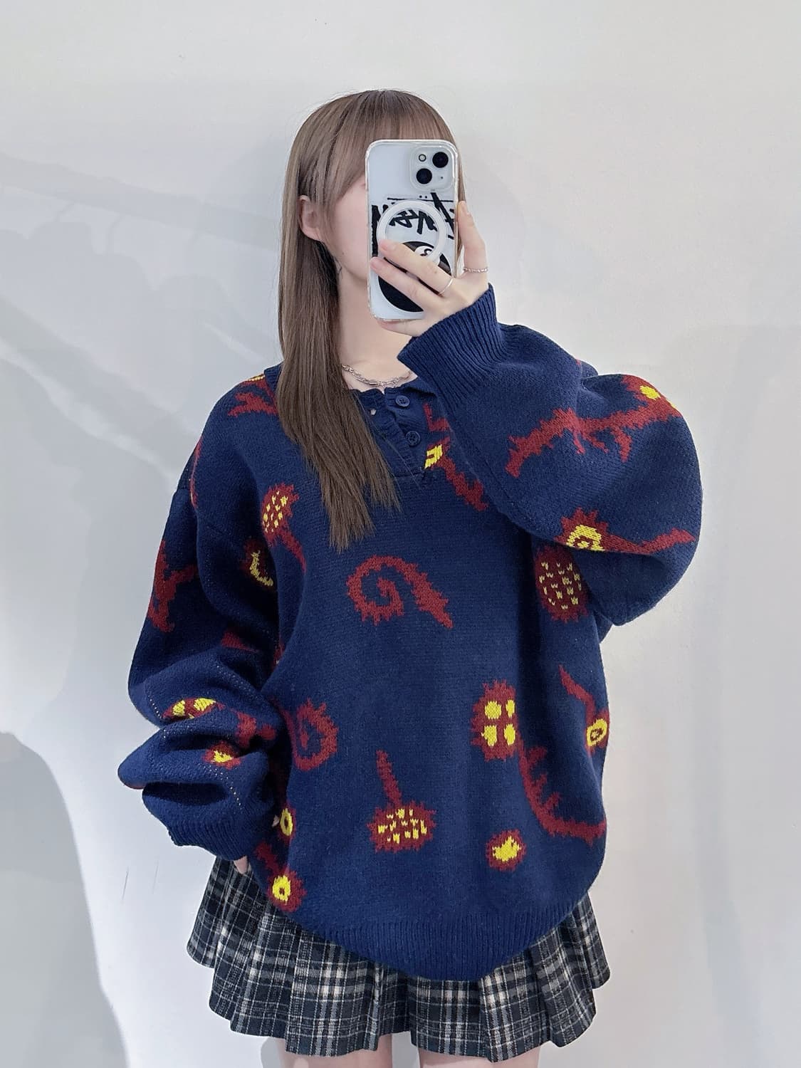 오베이 패턴 카라넥 니트 상품이미지1