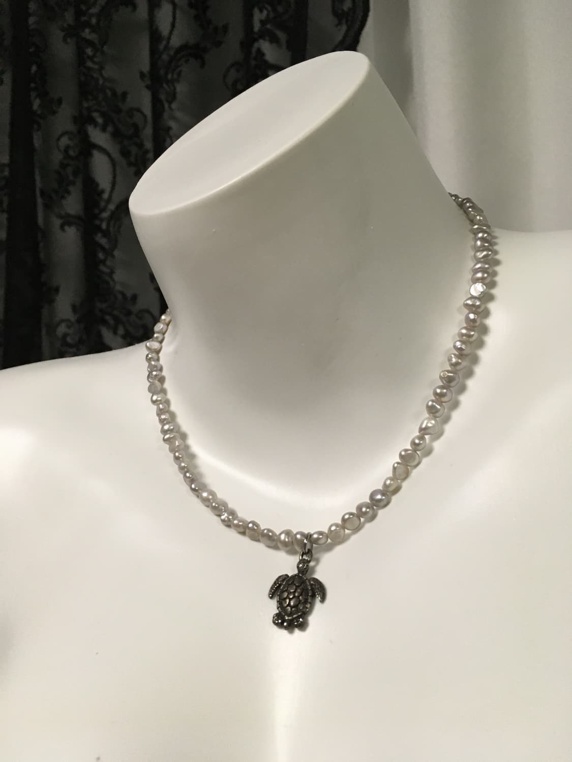 Vintage 거북이 팬던트 다크 실버 진주 네크리스 목걸이  상품이미지1