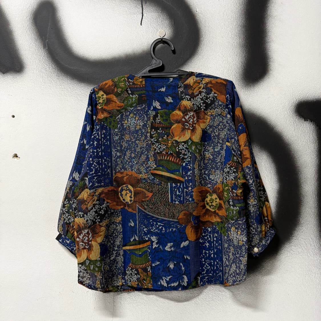 VTG 빈티지 에스닉 패턴 블루톤 논카라 긴팔 셔츠 블라우스 자켓 상품이미지2