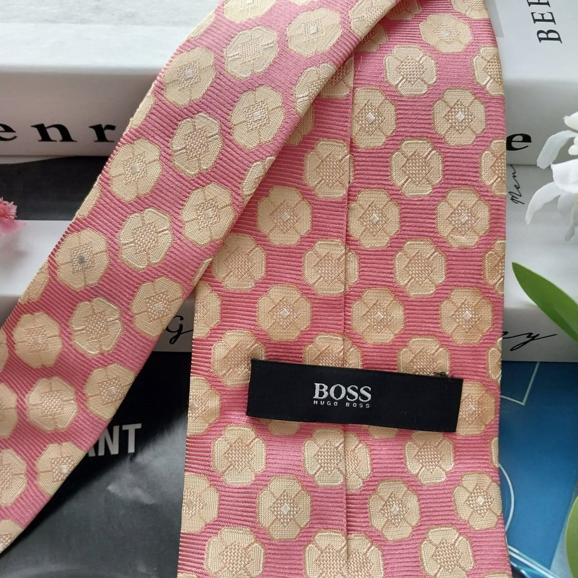 휴고보스 실크 핑크 플로럴 기하 패턴 넥타이 9.1cm A등급 K1653 상품이미지6