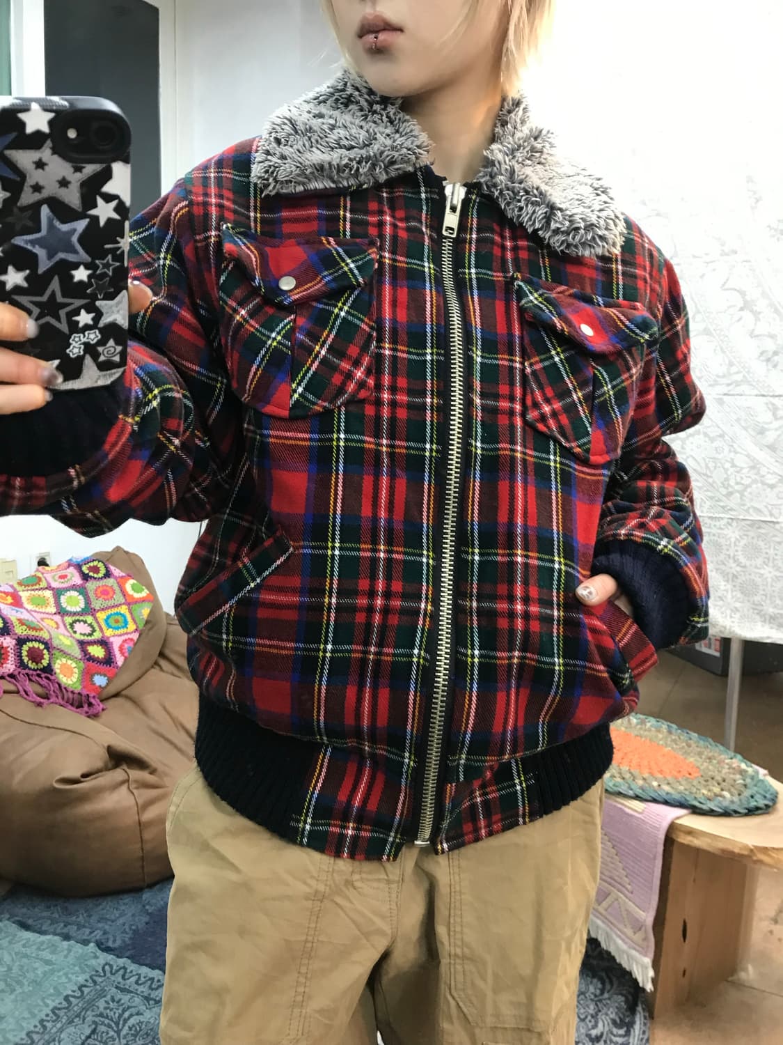 빈티지 체크 투포켓 페디드 양털 카라 점퍼  상품이미지2