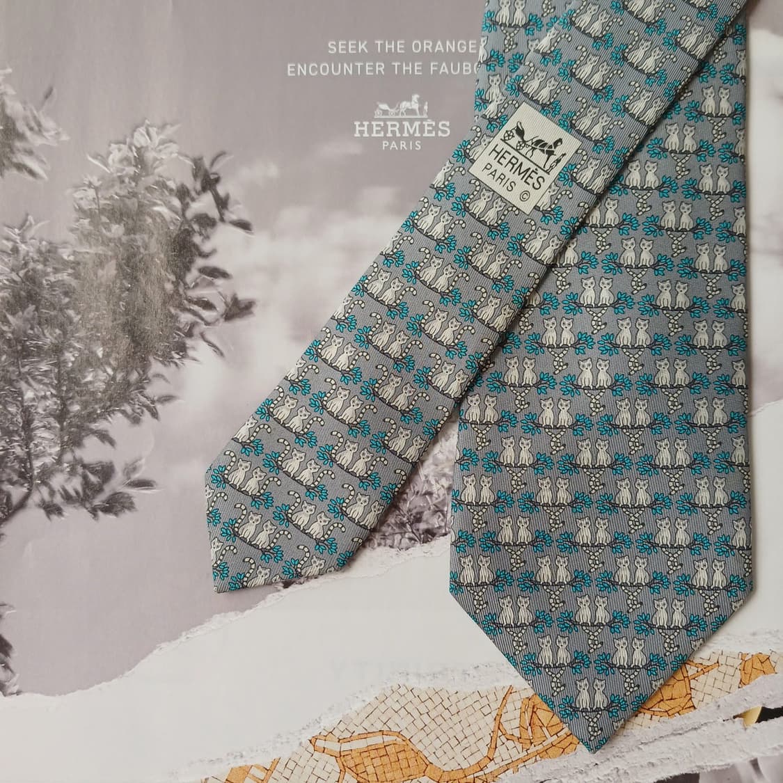 에르메스 실크 그레이 고양이 패턴 넥타이 7.8cm A등급 E948 상품이미지10