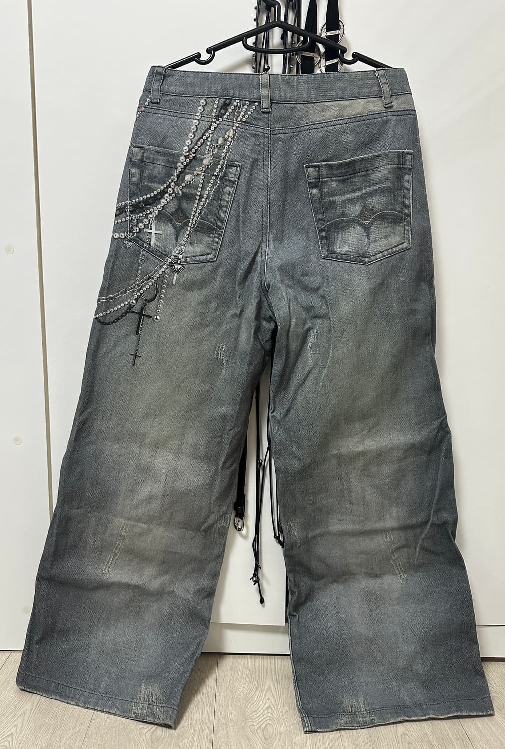 FayChui 데님 레트로 3D 진주 체인 프린팅 와이드 상품이미지3