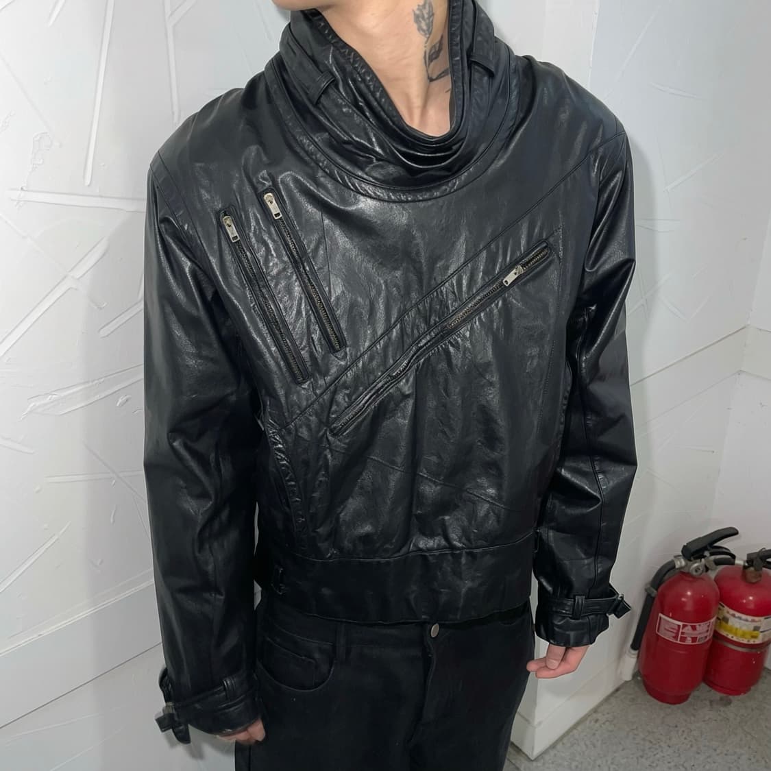 펠레펠레 90s 릭오웬스맛 하이넥 멀티 사선 지퍼 리얼레더 가죽 자켓 상품이미지2