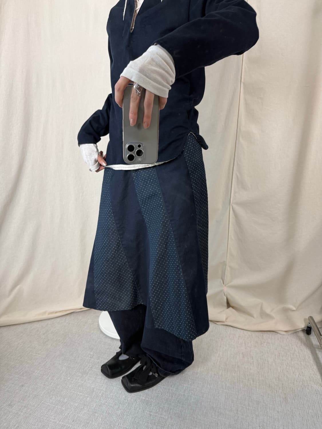 도트 절개라인 데님 미디스커트 상품이미지2