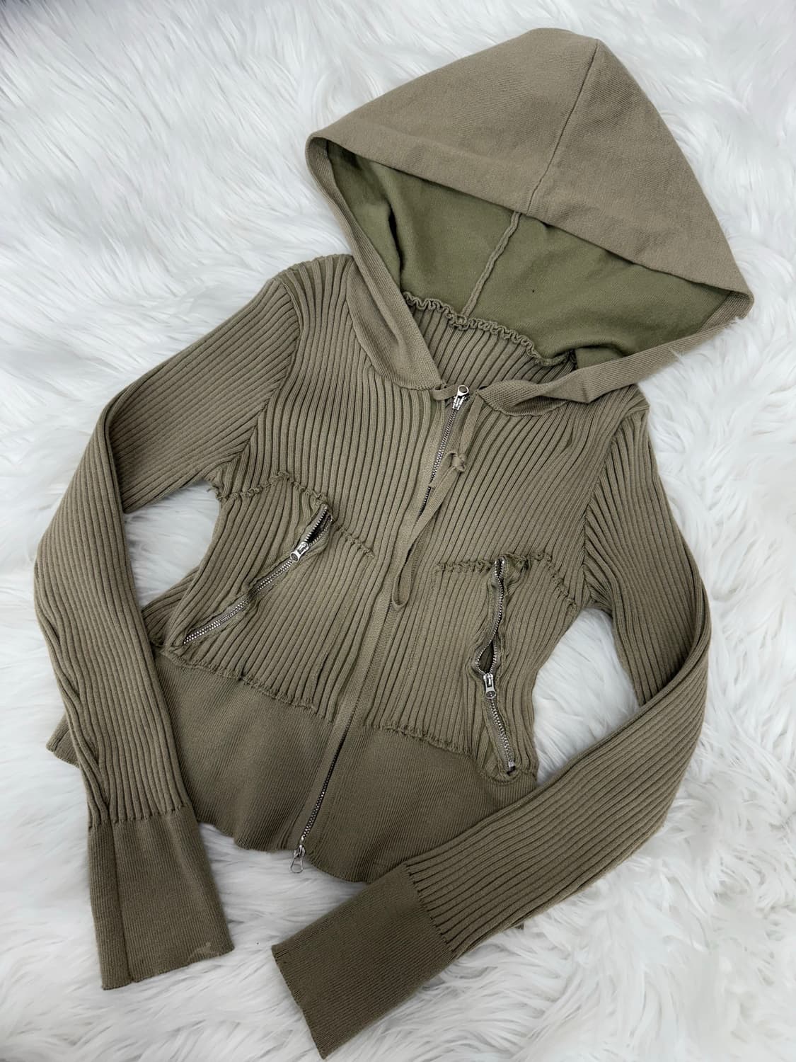 Kaki knit crop hood zip-up 상품이미지3