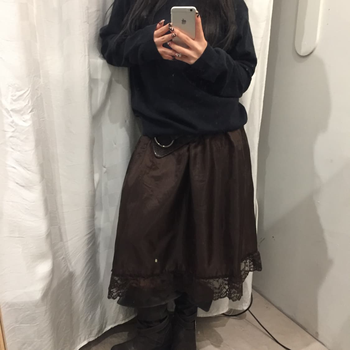 JPN Vintage 모리걸 갸루 브라운 새틴 레이스 슬립 스커트 상품이미지1