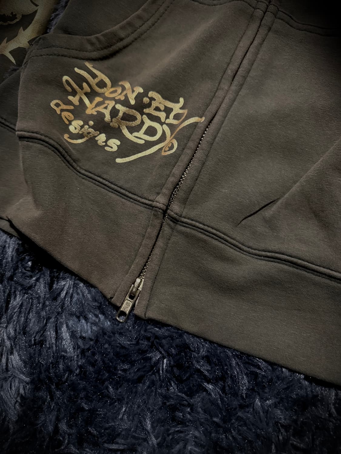 Ed Hardy 카키 올드스쿨 장미 프린팅 큐빅 디테일 후드집업 상품이미지9