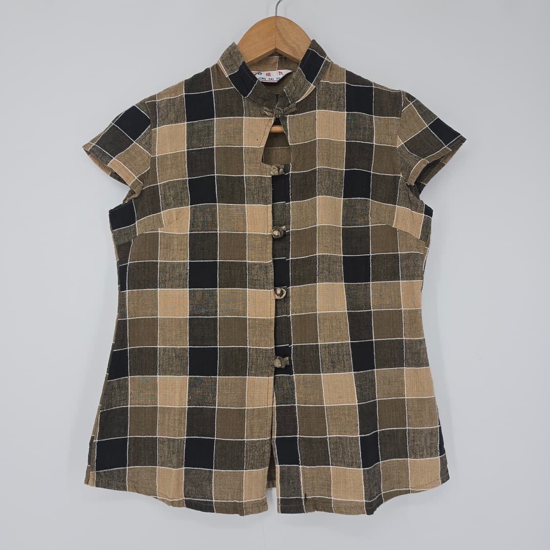 체크 차이나넥 린넨 블라우스 상품이미지1