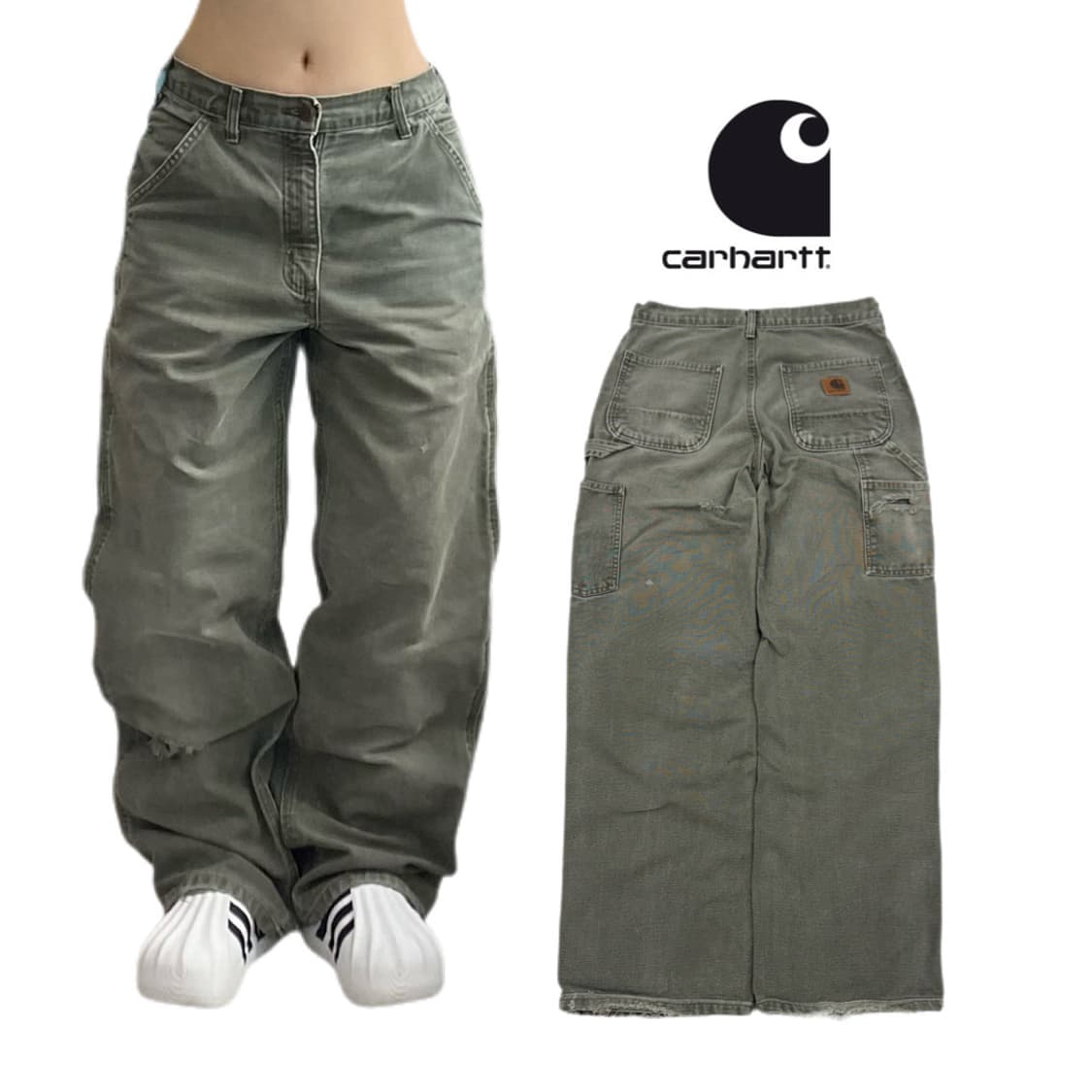 칼하트 OG 가죽패치 모스그린 카펜터 덕캔버스 페이딩 와이드 워크팬츠 상품이미지1