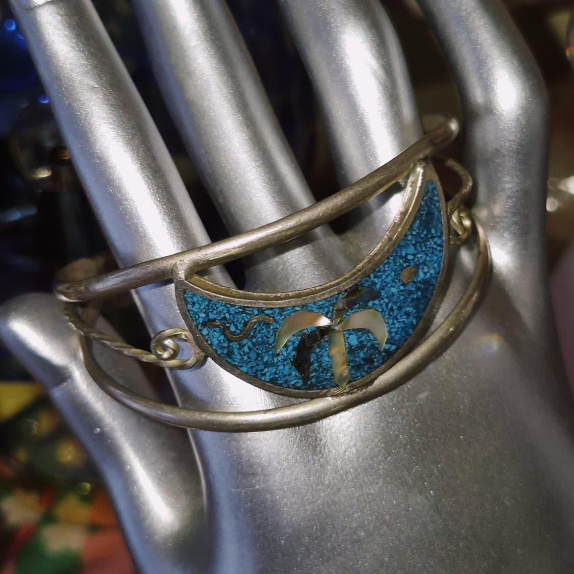 80s 멕시코 알파카 초승달 자개&터키석 뱅글 상품이미지5