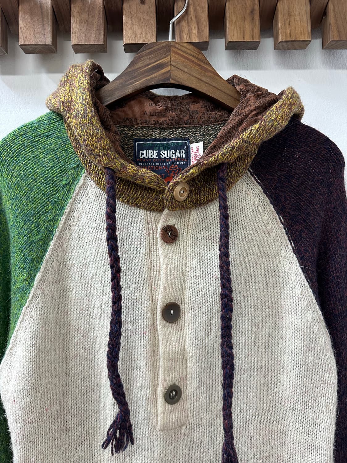 일본빈티지 Cube Sugar 큐브슈가 울 혼방 컬러블록 후드 니트 상품이미지3