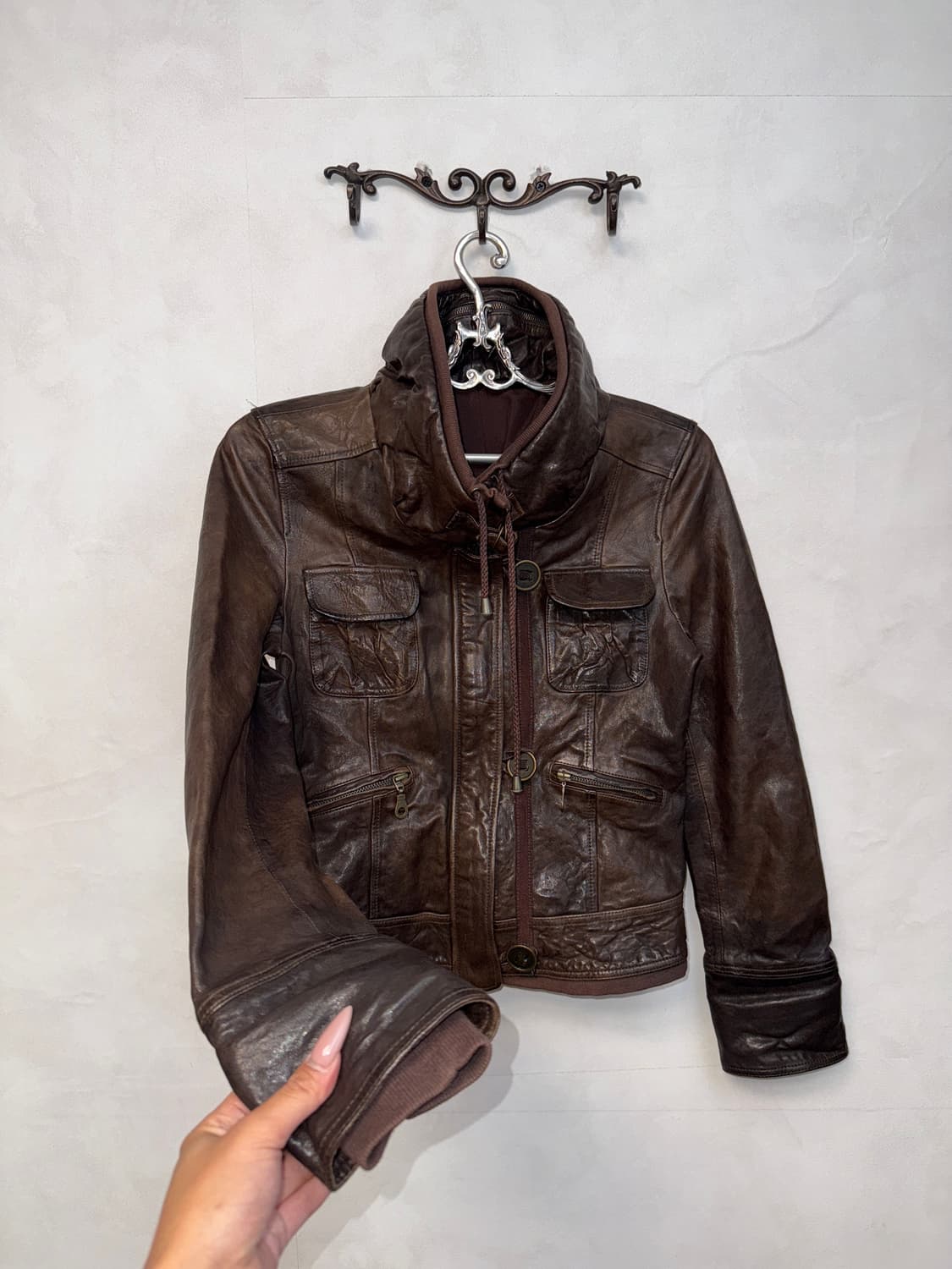 Dark brown lamb skin button collor jk 상품이미지2