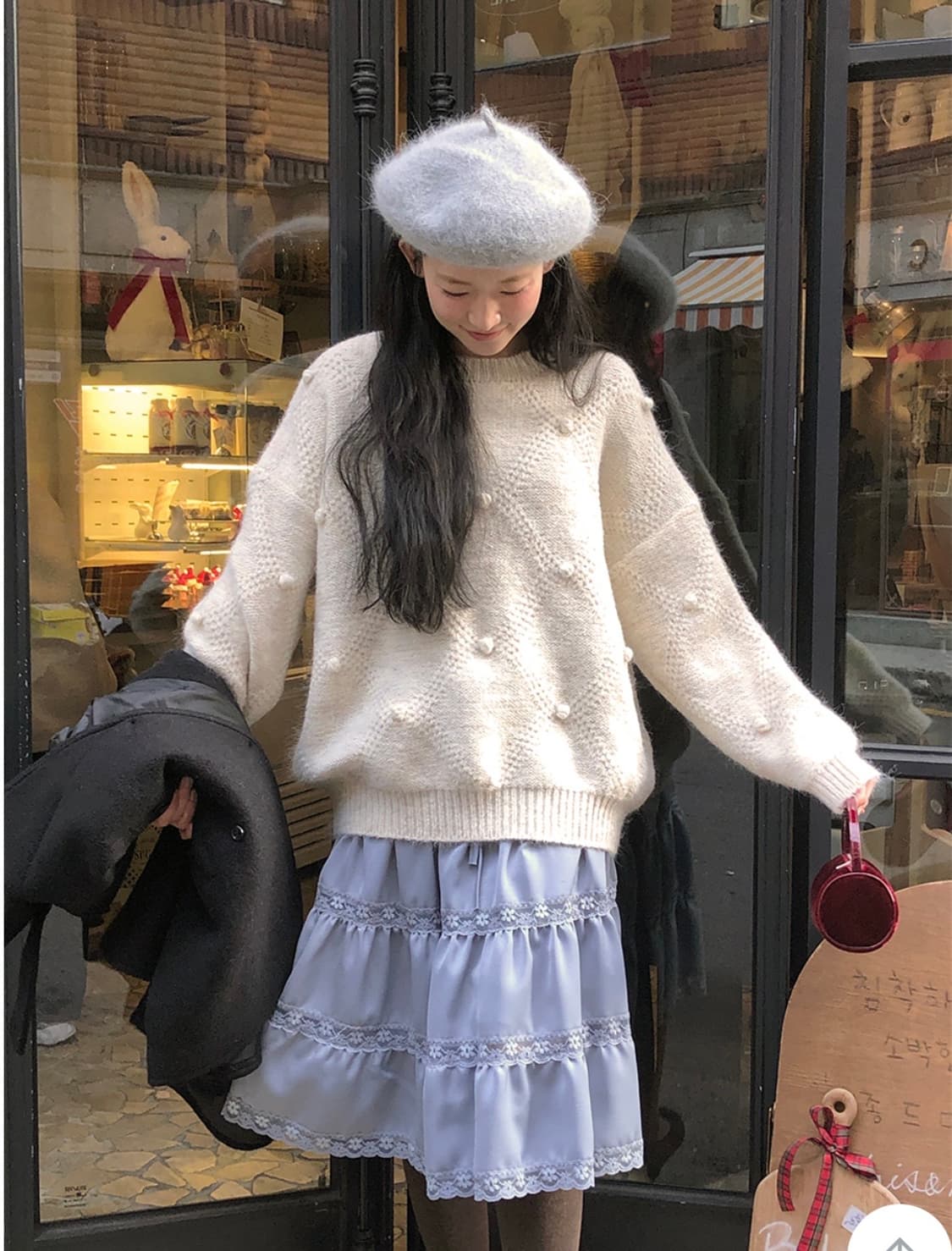 프롬비기닝 새틴 레이스 스커트 빈티지블루 상품이미지2