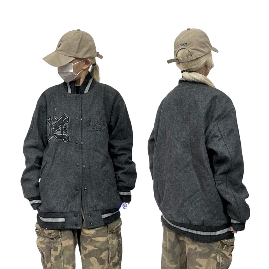 일본 빈티지 차콜 모직 자수 바시티 오버핏 스타디움 자켓  상품이미지1