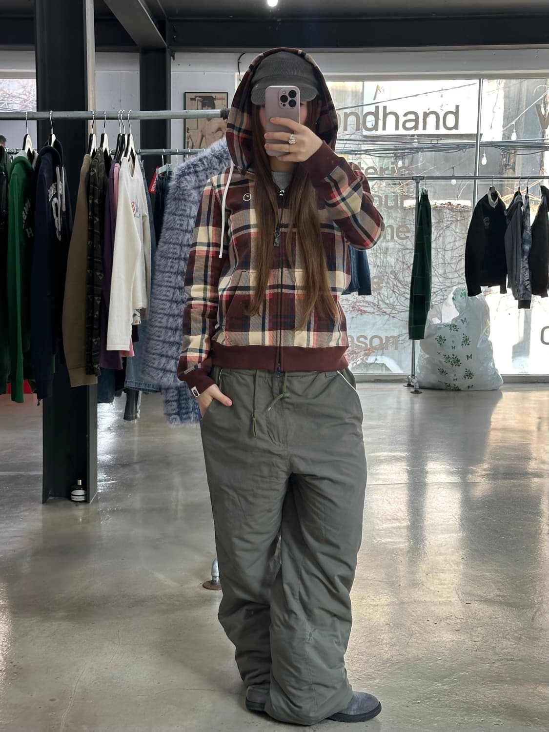 베이프 자수사루 브라운체크 후드집업 데드스탁 상품이미지2