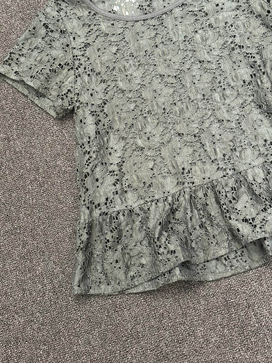 M)Japanese vintage 여성 펀칭 카키 반팔 블라우스 상품이미지3