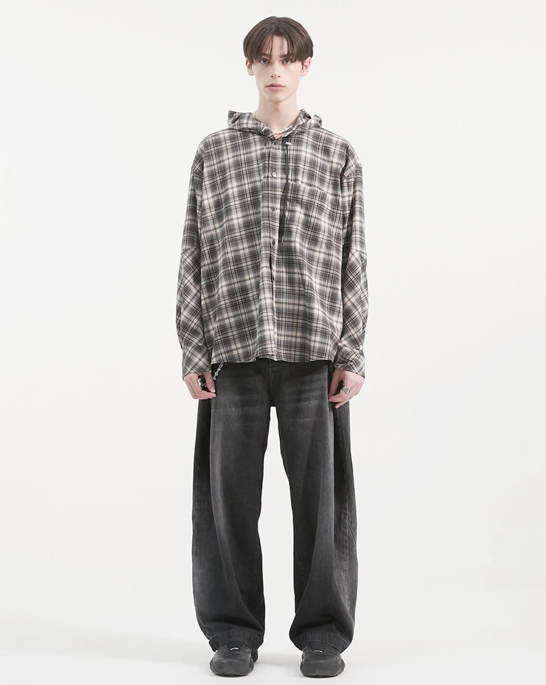 알렌느 체크 후드셔츠 그레이 1사이즈 상품이미지1