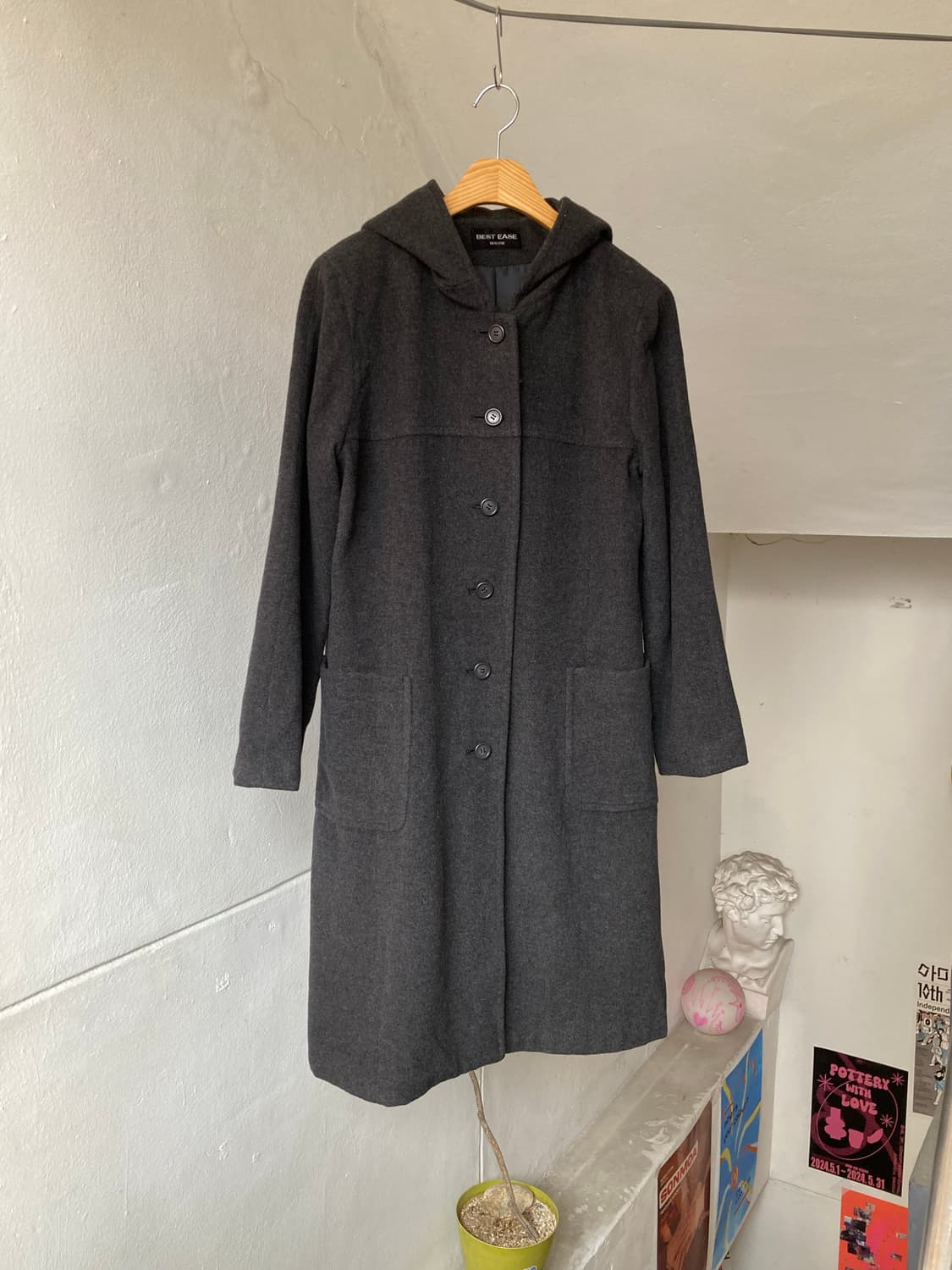 울 캐시미어 다크그레이 후드 코트 상품이미지1