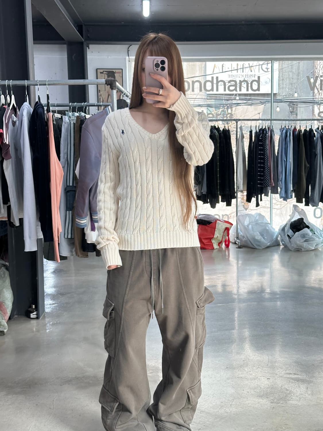 폴로랄프로렌 큐알텍 브이넥 케이블 꽈배기니트 아이보리  상품이미지3