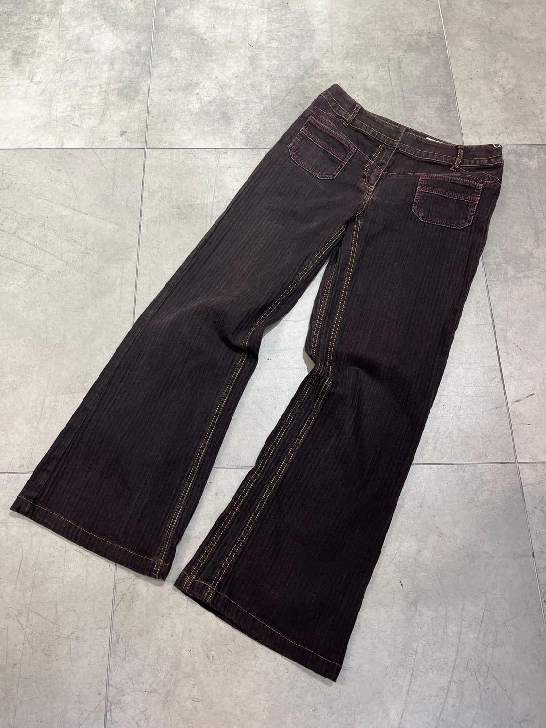 일본 빈티지 레드 스티치 스트라이프 세미 부츠컷 코튼 팬츠 상품이미지1