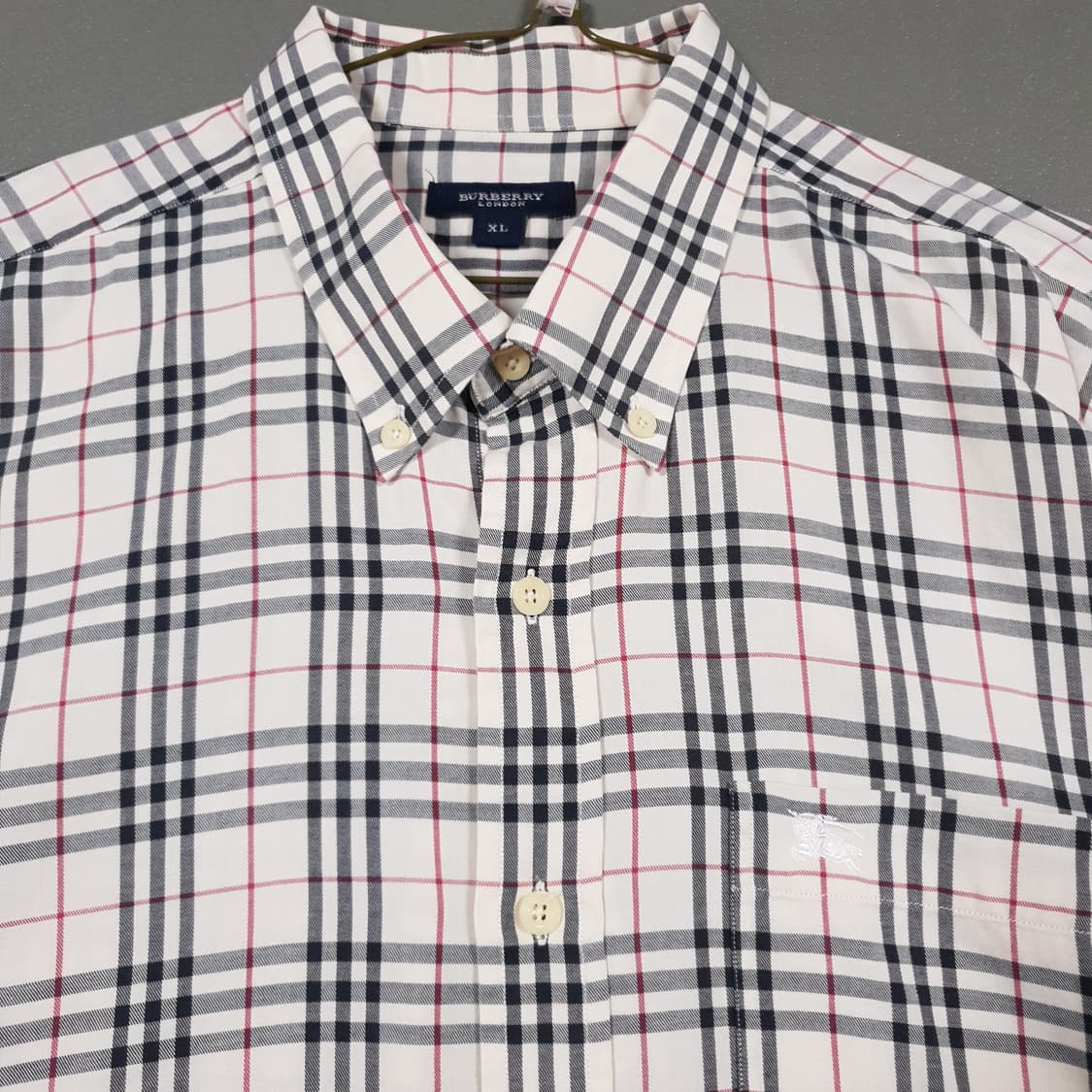 실측 2XL 버버리 크레스트 기사 로고 노바체크 포켓 버튼다운 반팔 셔츠 상품이미지4