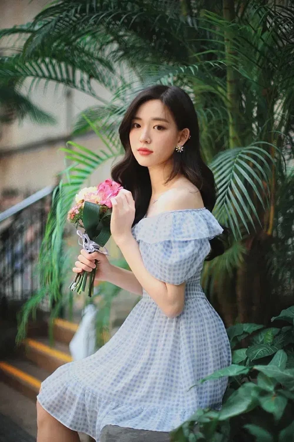 밀크코코아 연블루 체크 오프숄더 리본 쉬폰 원피스 상품이미지8