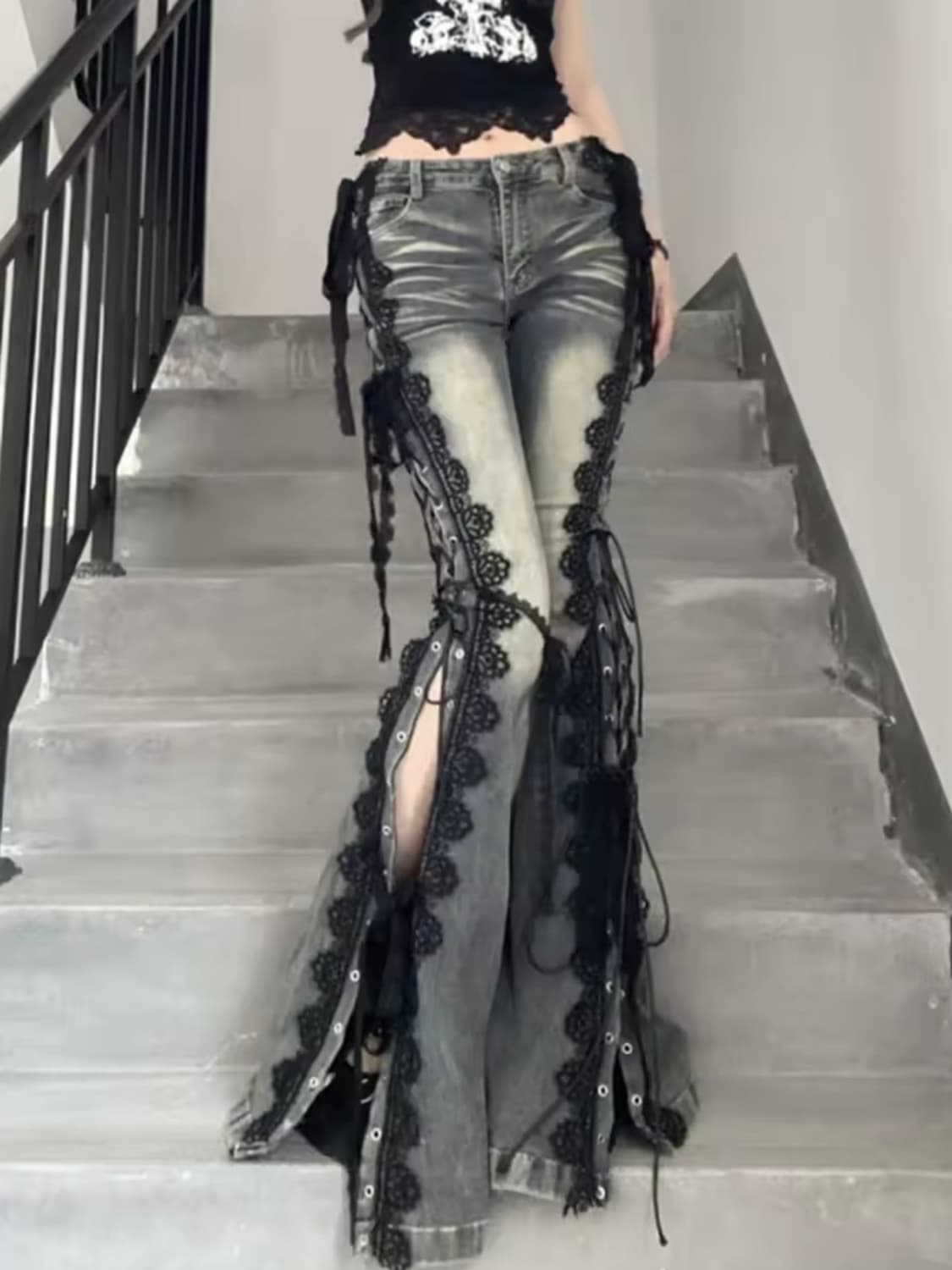 y2k 와투케 빈티지 워싱 레이스 아일렛 부츠컷 데님 팬츠 상품이미지1