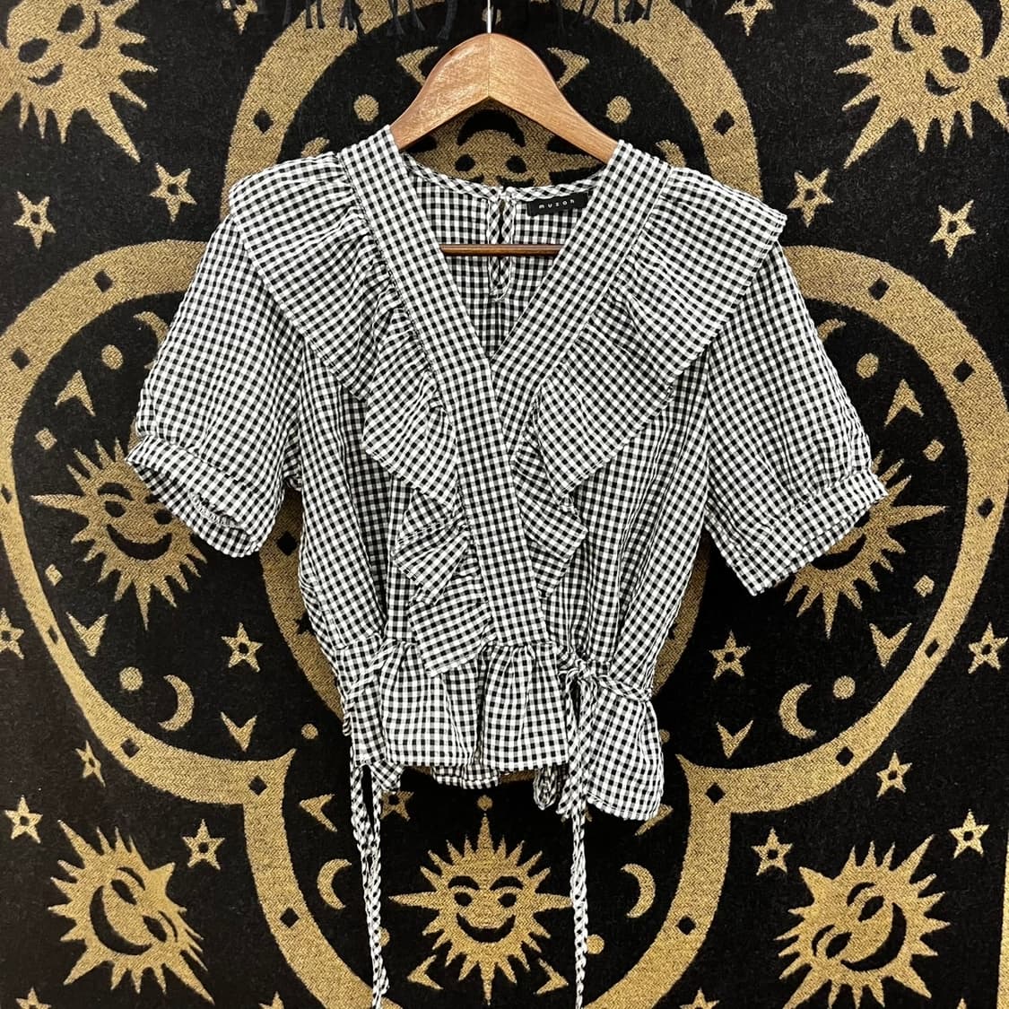 빈티지 러블리 더블리본 프릴 깅엄체크 반팔 블라우스 K0156 상품이미지3