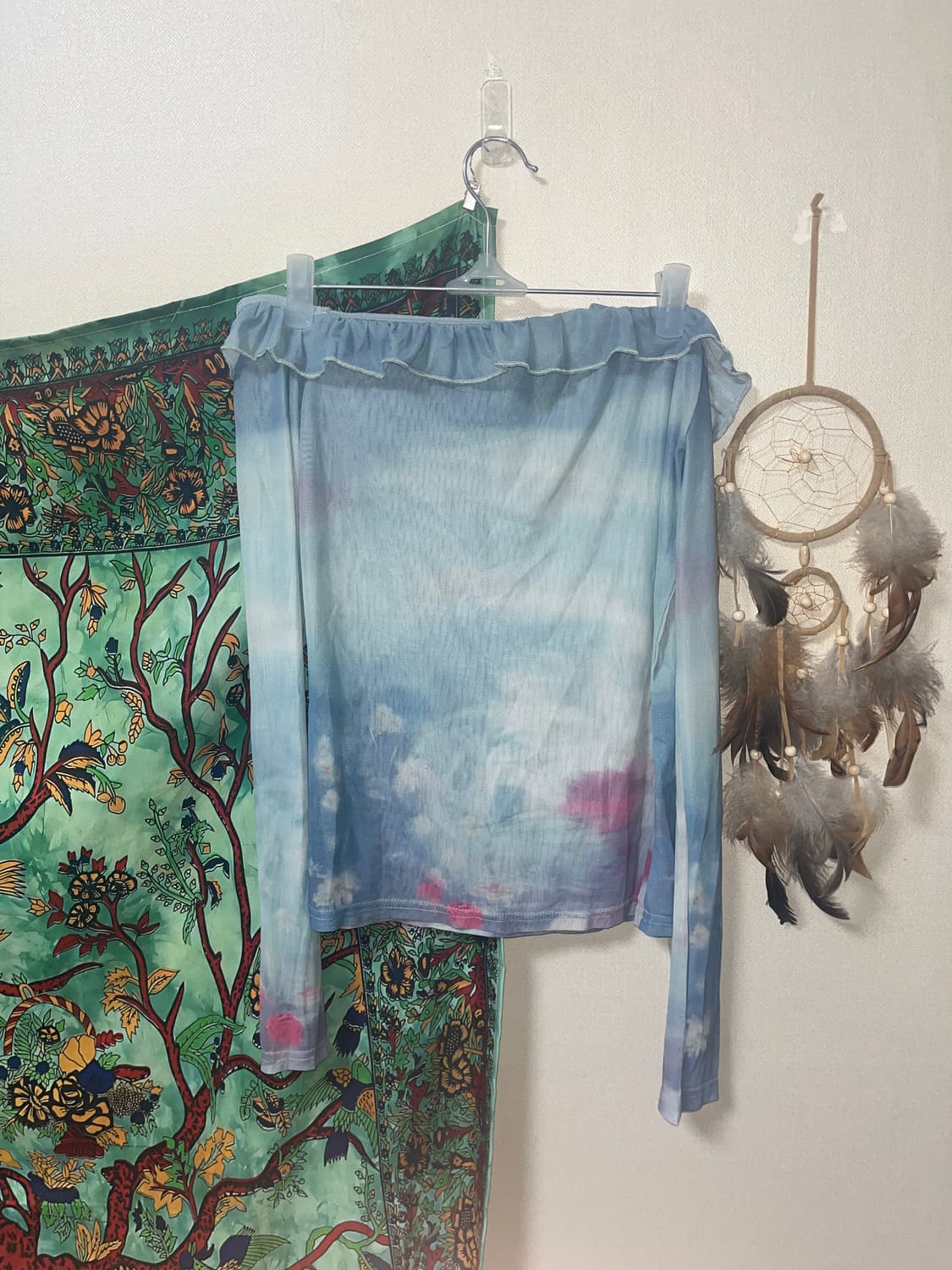 y2k 갸루 시스루 타이다이 프릴 오프숄더 메쉬 블라우스 긴팔 티셔츠 상품이미지4