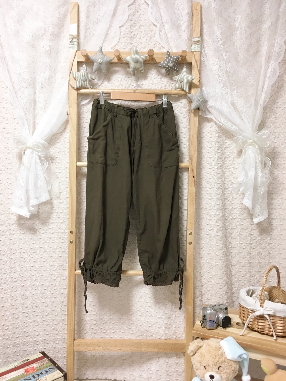 빈티지 모리걸 카키 크로셰 7부 팬츠 상품이미지1