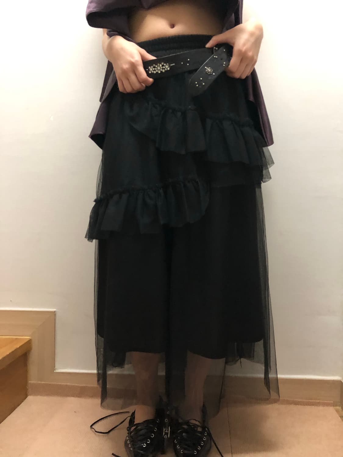 빈티지 블랙 레이스 러플 롱 스커트 상품이미지2