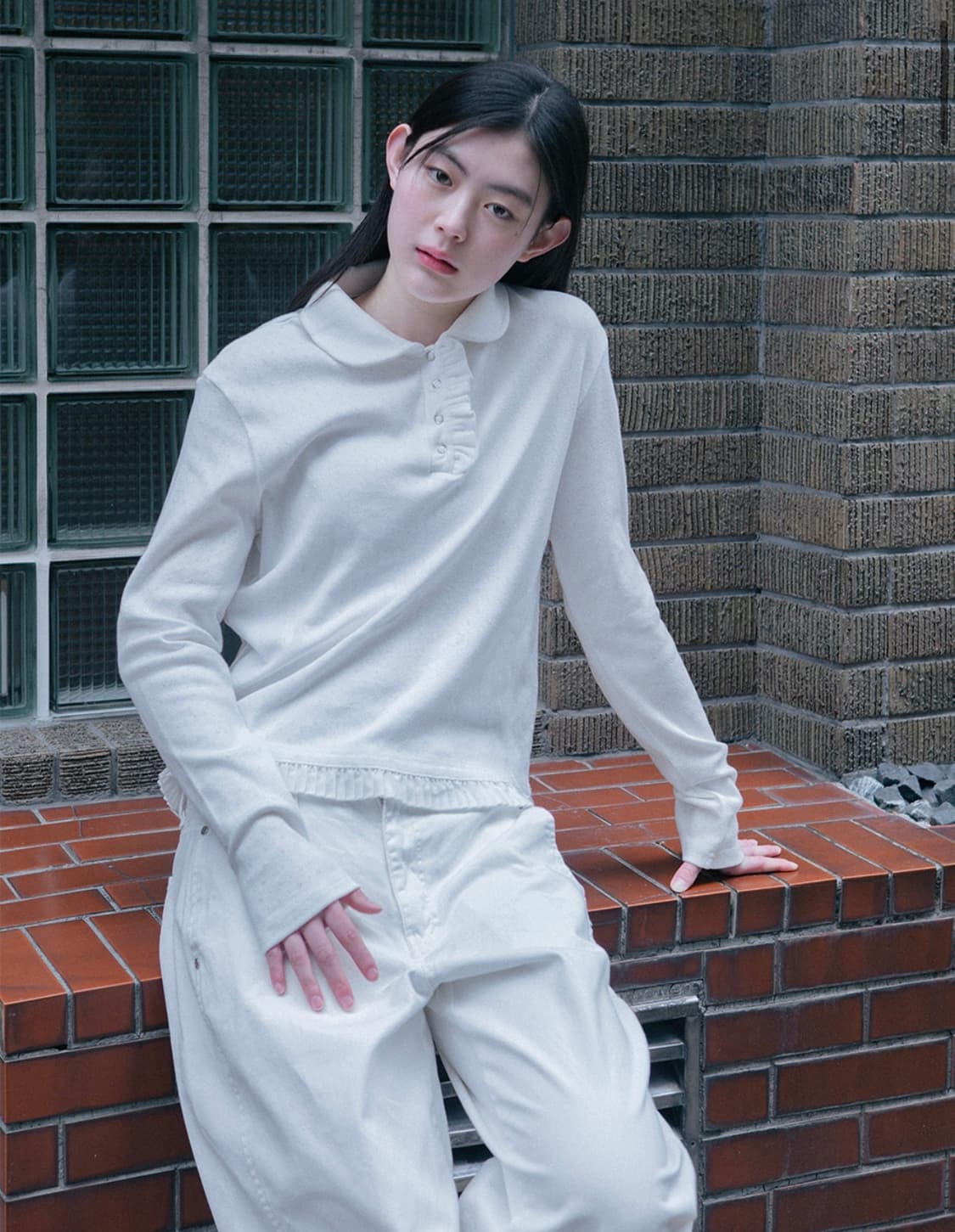 oheshio collar frill long t-shirt white 상품이미지1