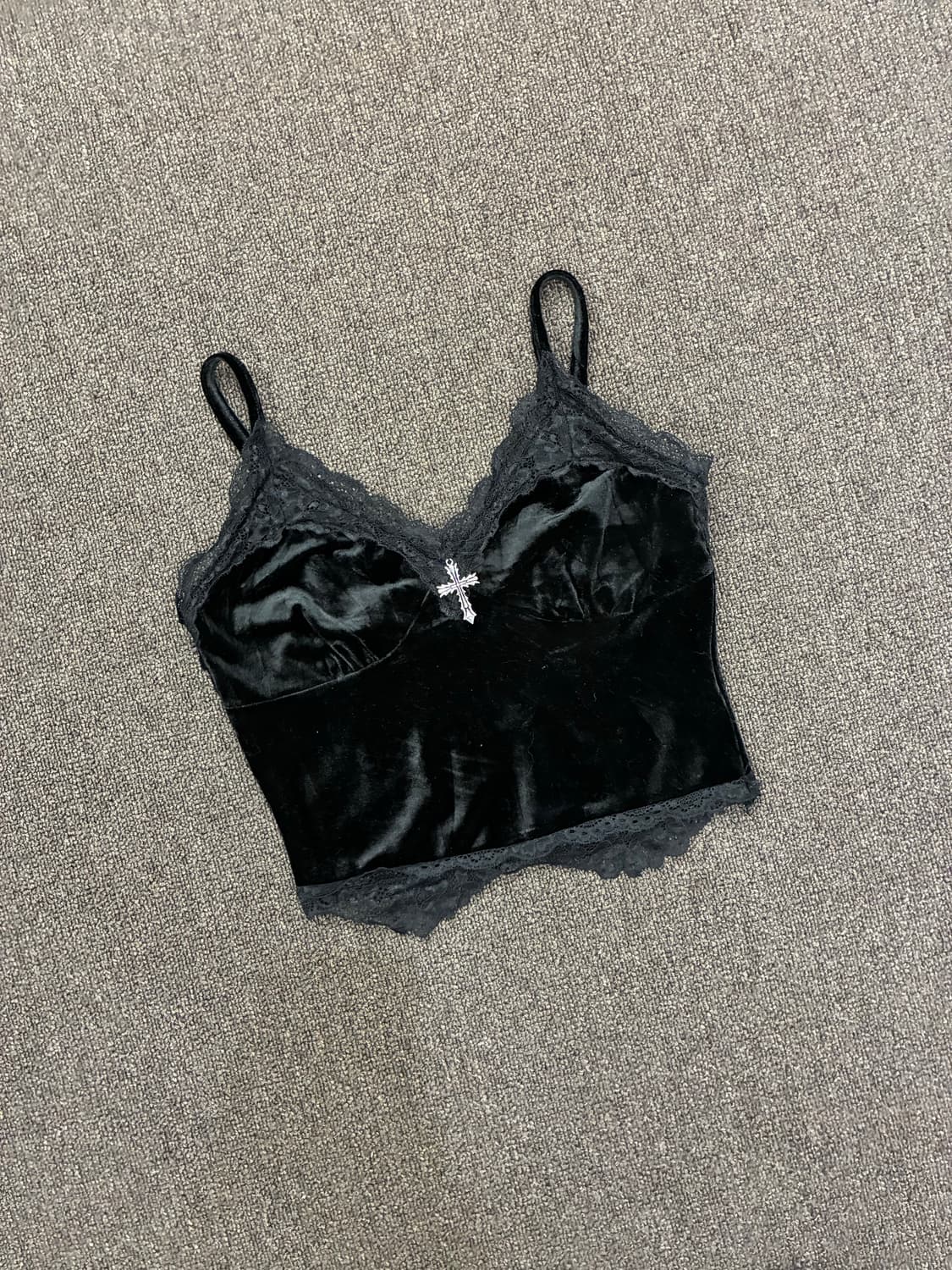 XS)ROMWE 빈티지 여성 레이스 디테일 벨벳 블랙 나시 상품이미지1