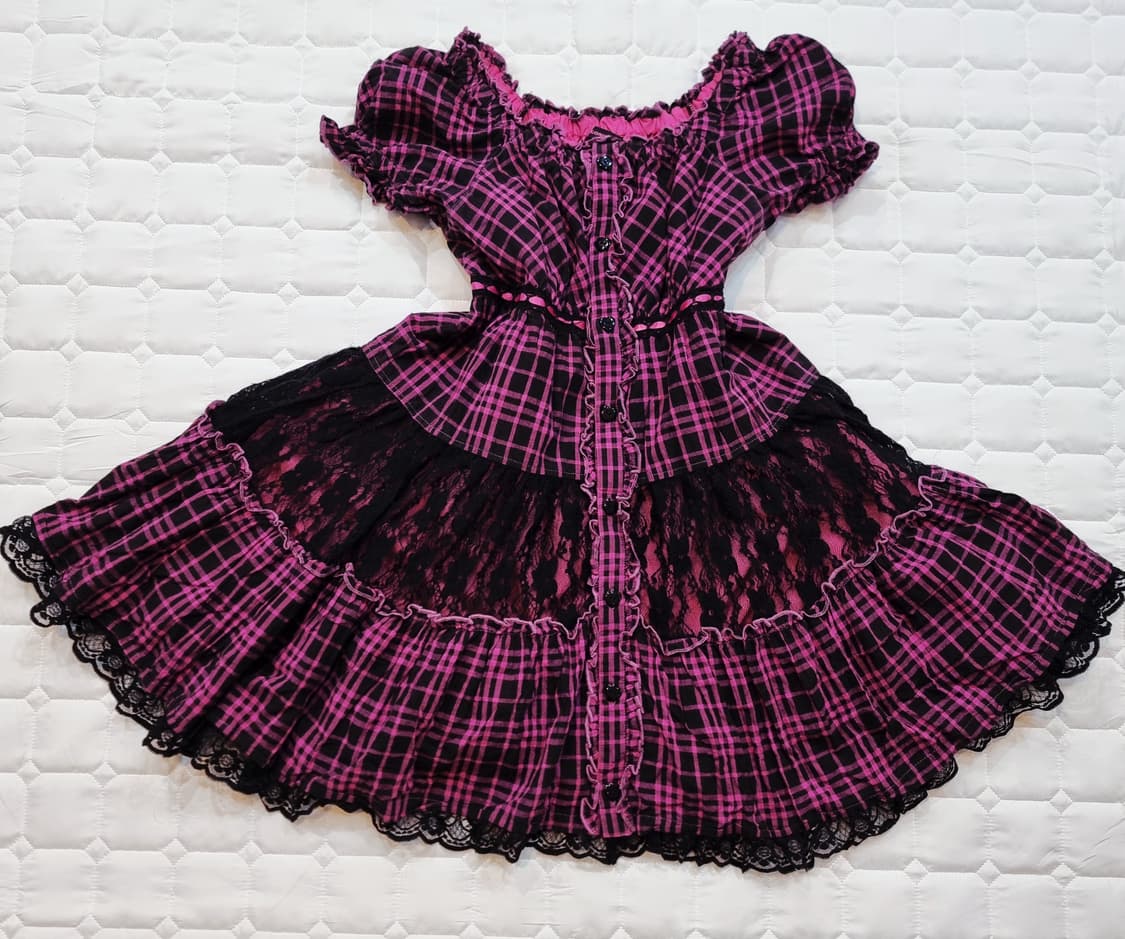 핑크 체크 블랙 레이스 고스로리 원피스 상품이미지1