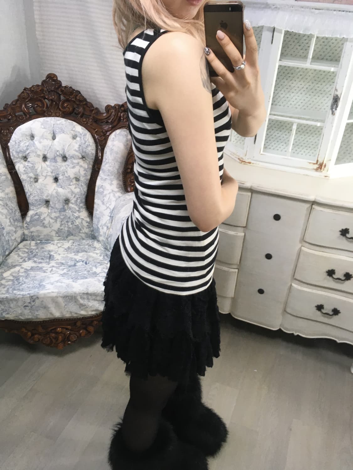 일본빈티지 스트라이프 리본 슬리브리스 상품이미지5