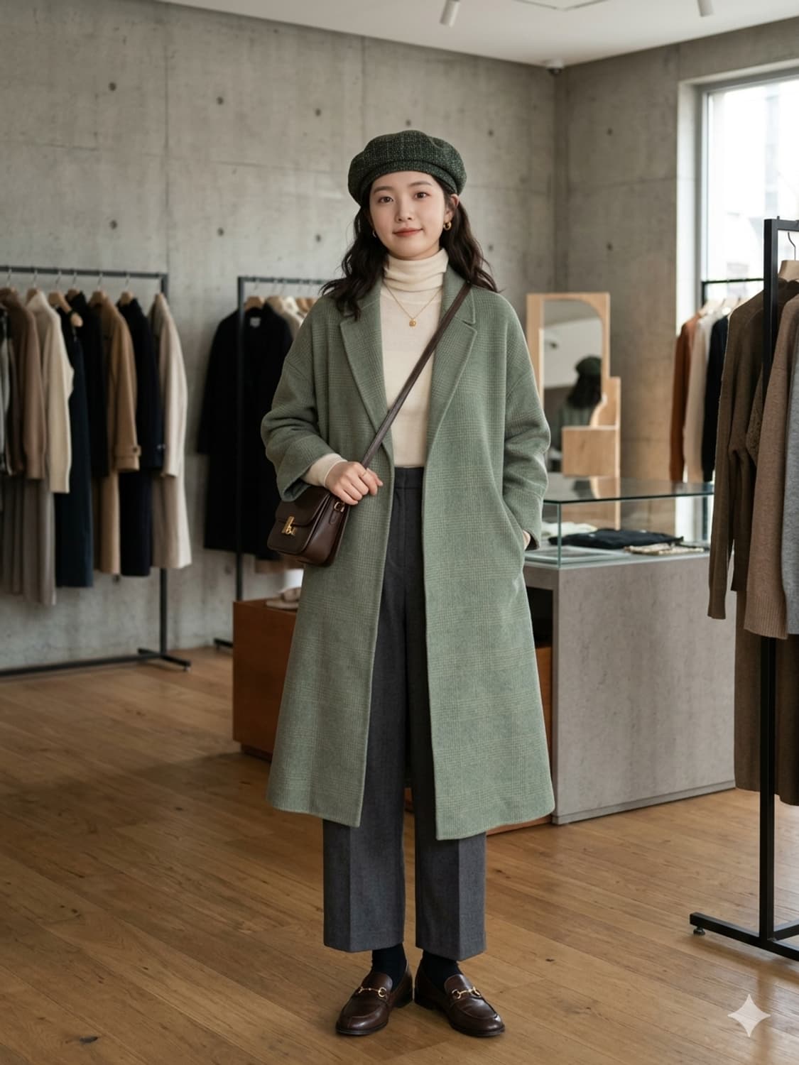 O'2nd 오즈세컨 애플그린 체크 앙고라 캐시미어 울 롱 코트 상품이미지1