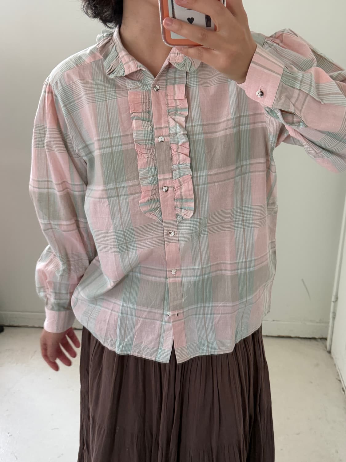 일본빈티지 민트핑크 프릴 블라우스 상품이미지4
