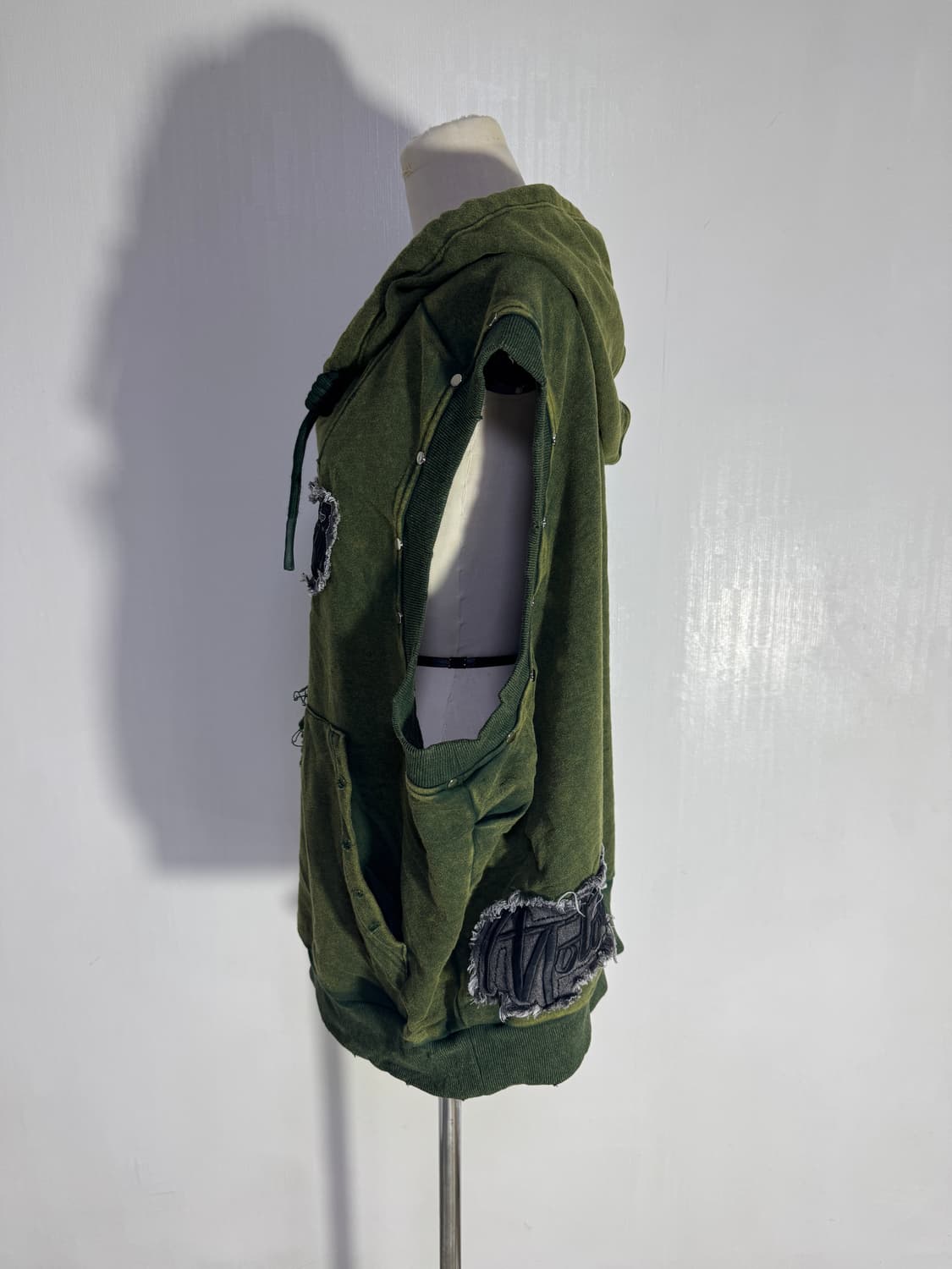 빈티지 페이드 그린 데미지 후드 베스트 y2k lgb goa 모터사이클 상품이미지2