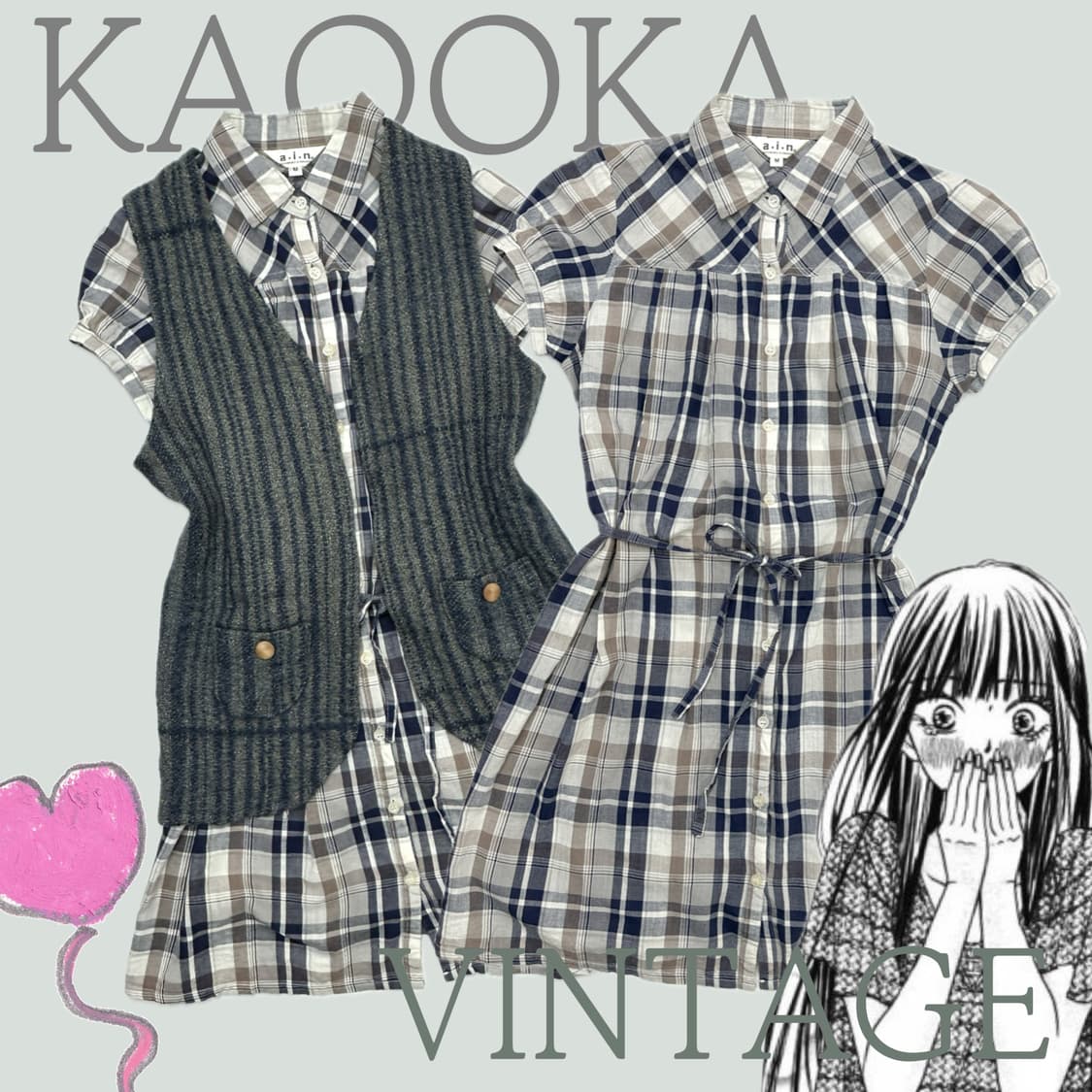 🤍사와코의 러블리 베스트 코디세트🤍 체크 원피스 조끼 퍼프  상품이미지1