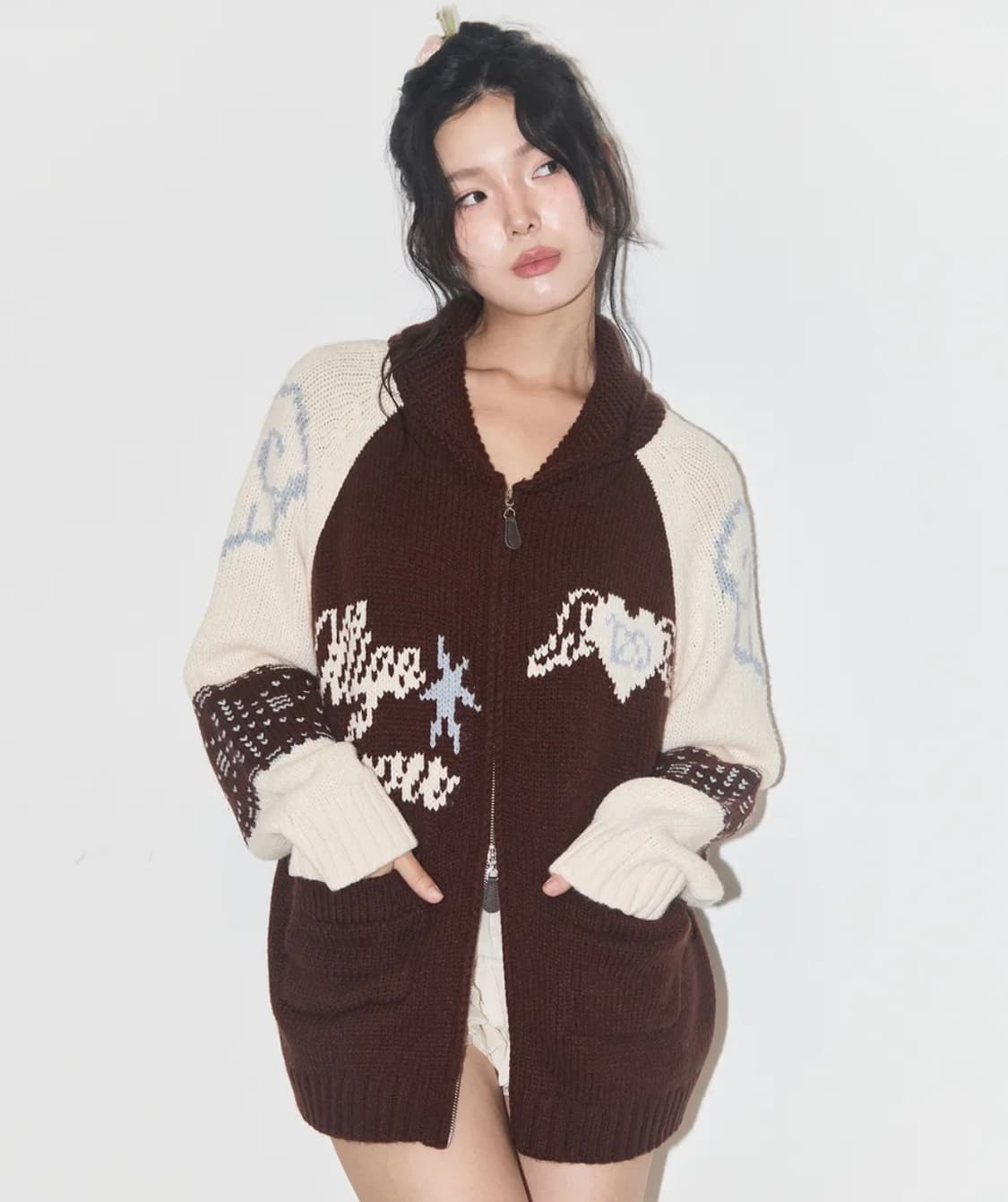 일리고 코위찬 니트 집업 브라운 상품이미지2