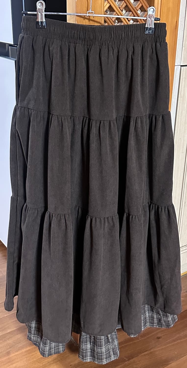 체크 레이어드 코듀로이 롱 스커트 브라운 상품이미지3