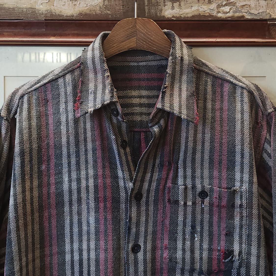 90s 빈티지 체크셔츠 헤비 플란넬 워크셔츠 썬페이딩 스트라이프 L 상품이미지3